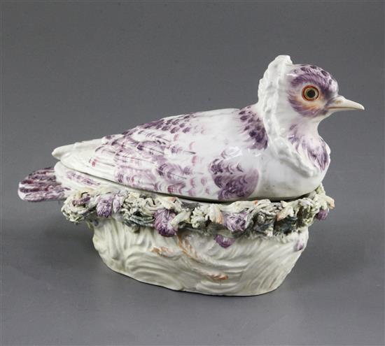A Derby Jacobin pigeon tureen and cover, c.1760, length 22cm, restoration to tail